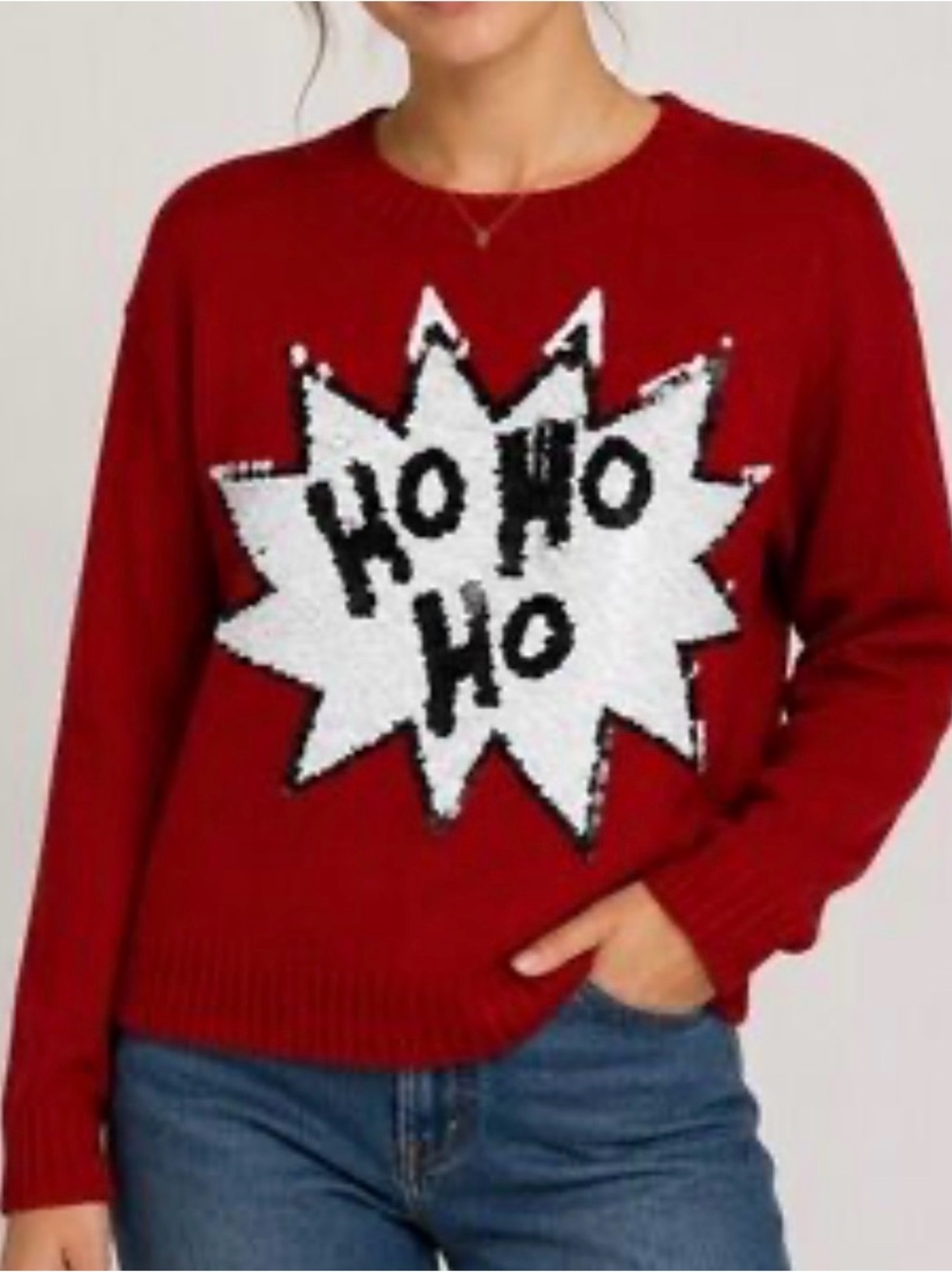 H&M Red Holiday 'HO HO HO' Crewneck Sequin Sweater Sz-M. FFF18